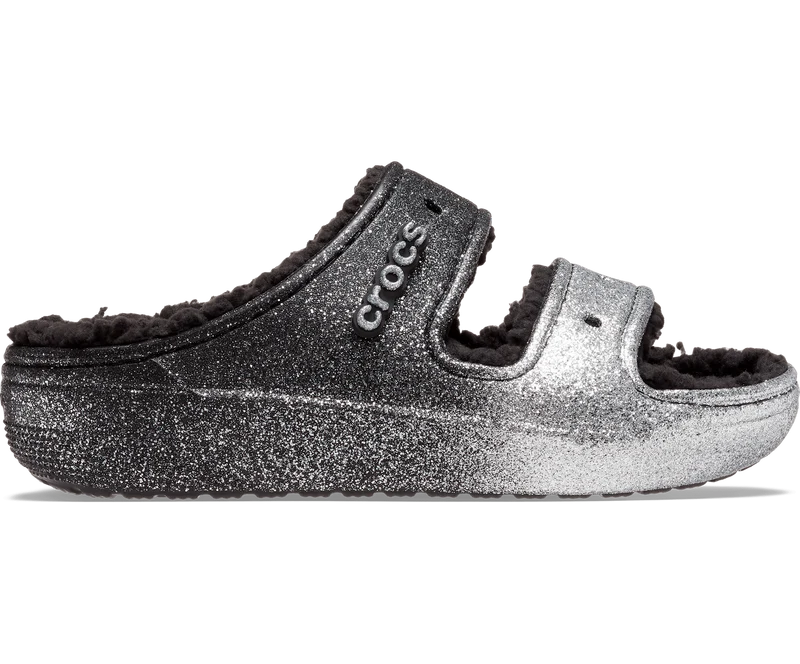 Crocs Unisex Classic Cozzzy Glitter Sandale – Schwarz / Silber