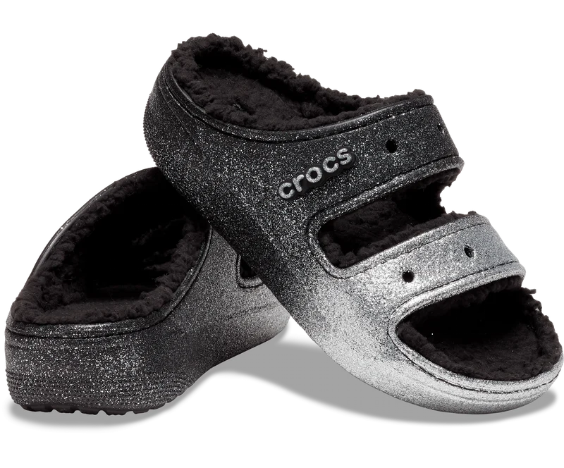 Crocs Unisex Classic Cozzzy Glitter Sandale – Schwarz / Silber
