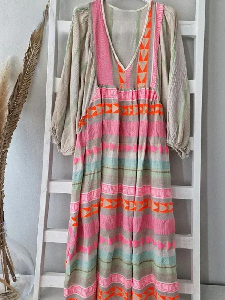 Cassandra | Boho-Print V-Ausschnitt Kleid