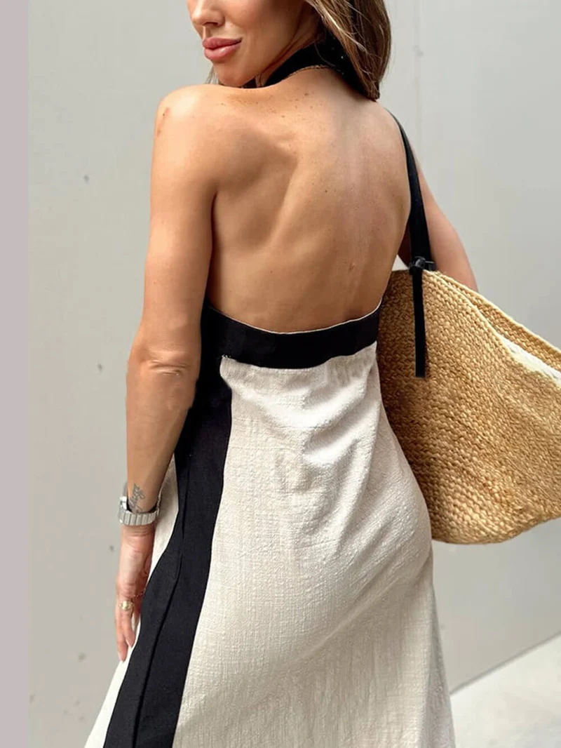 Halterneck Maxikleid mit Schlitz und Colorblock-Design