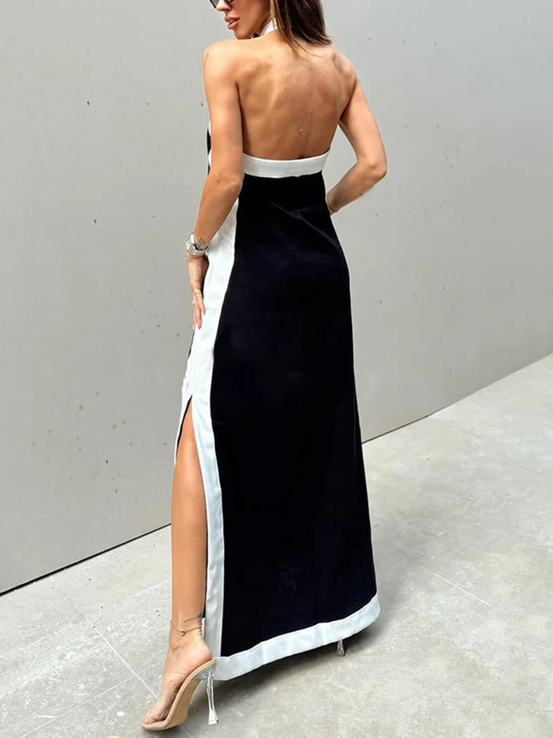 Halterneck Maxikleid mit Schlitz und Colorblock-Design