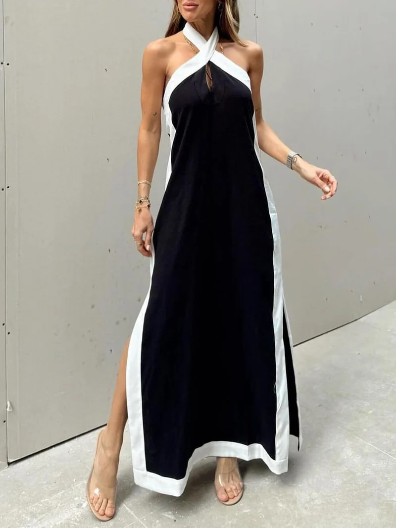Halterneck Maxikleid mit Schlitz und Colorblock-Design