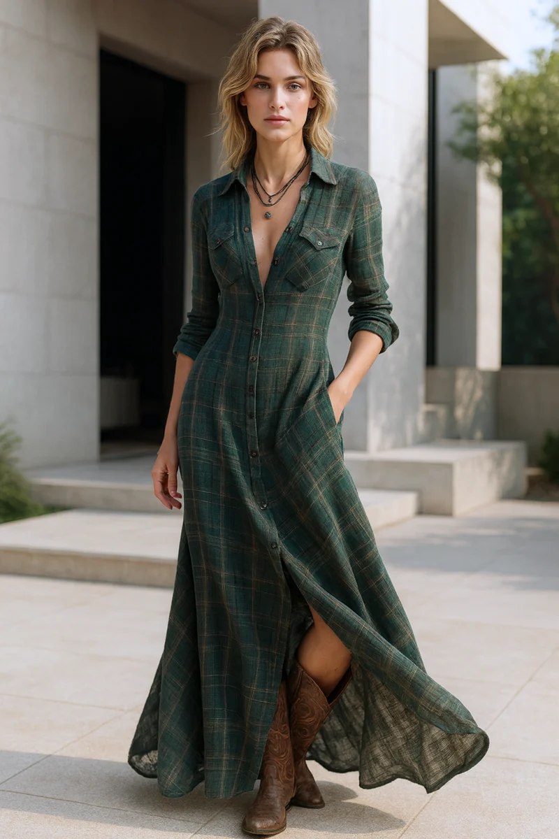 Solene | Karierte Maxi-Hemdkleid