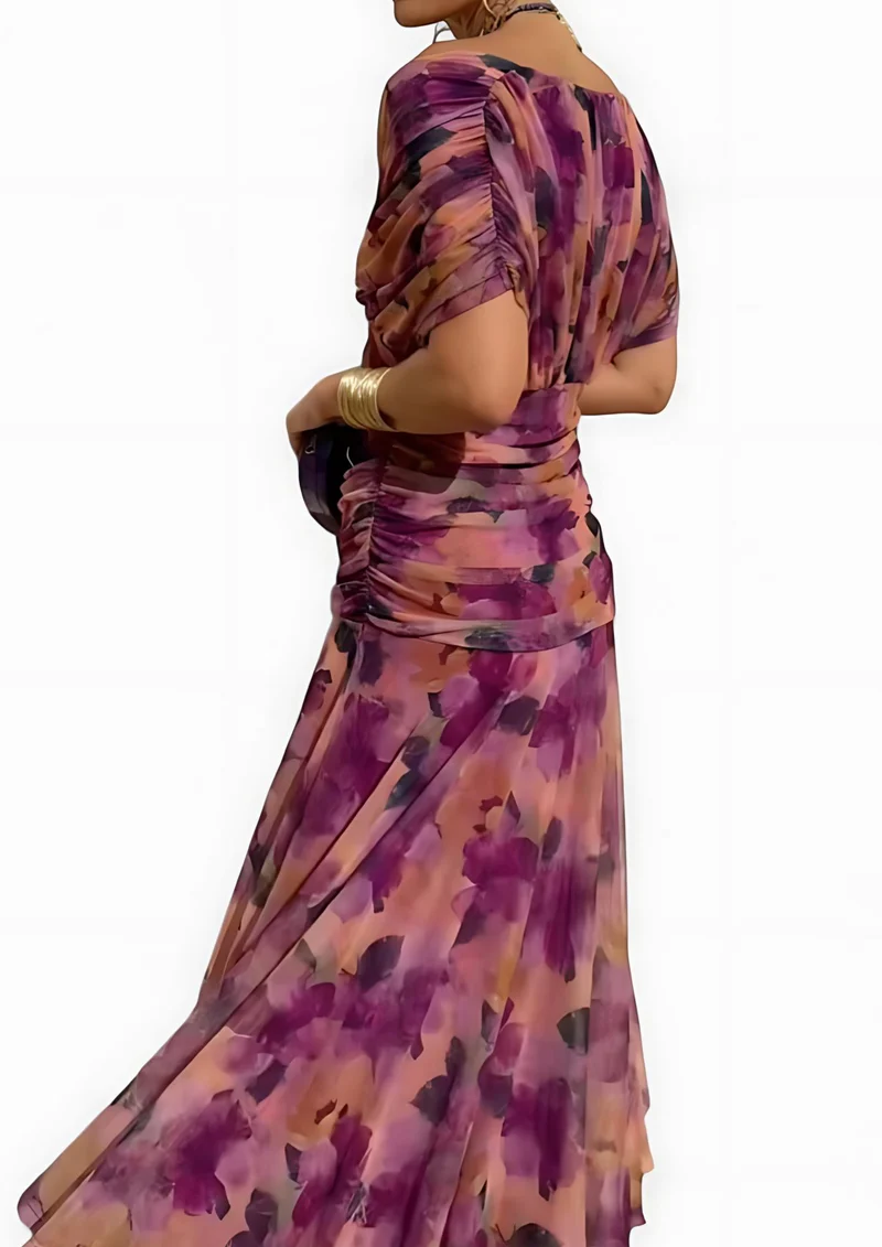 Aure Maxikleid mit Fantasie-Blumenmuster und V-Ausschnitt | Rosa Blumen