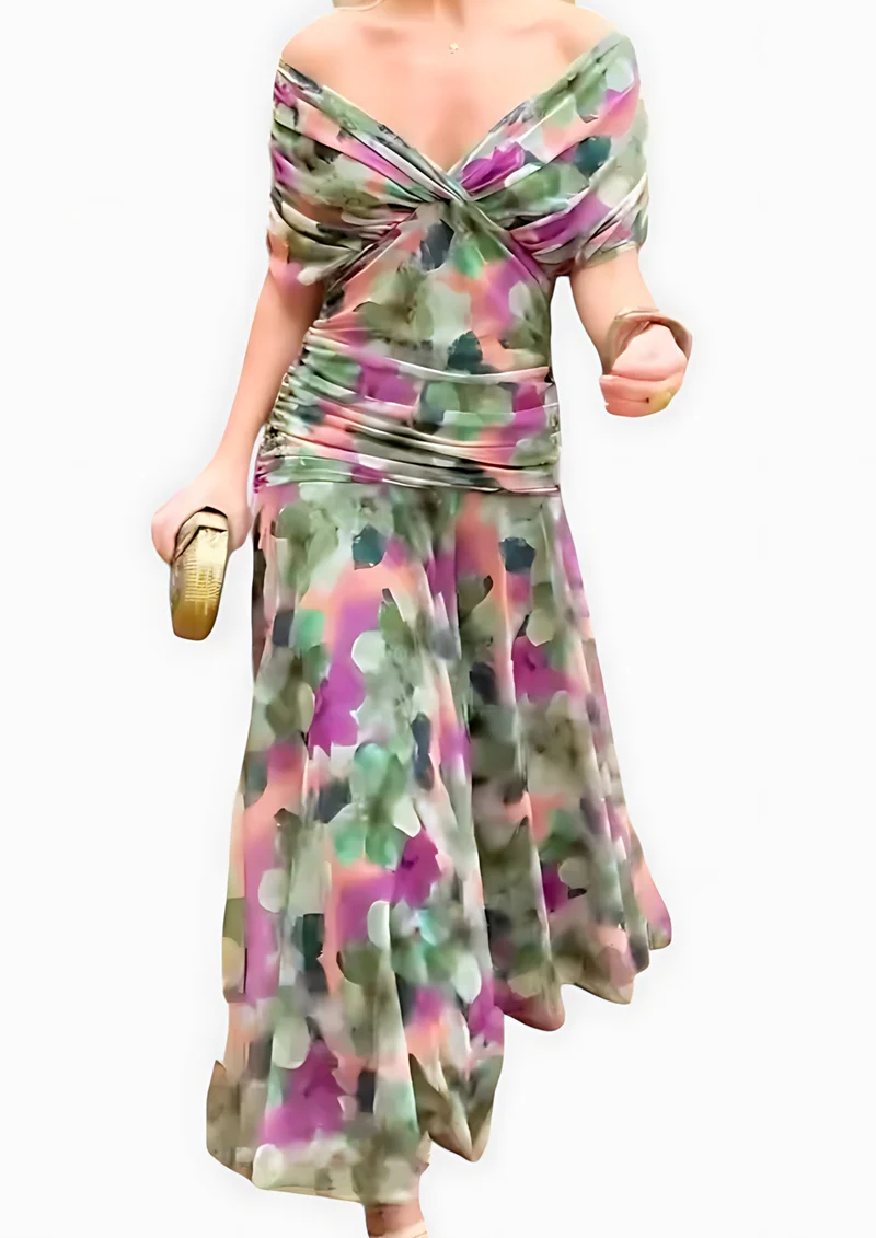 Aure Maxikleid mit Fantasie-Blumenmuster und V-Ausschnitt | Grüne Blumen