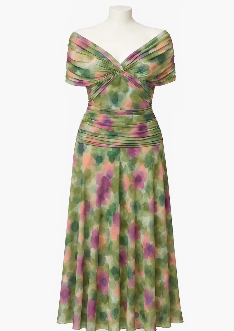 Aure Maxikleid mit Fantasie-Blumenmuster und V-Ausschnitt | Grüne Blumen