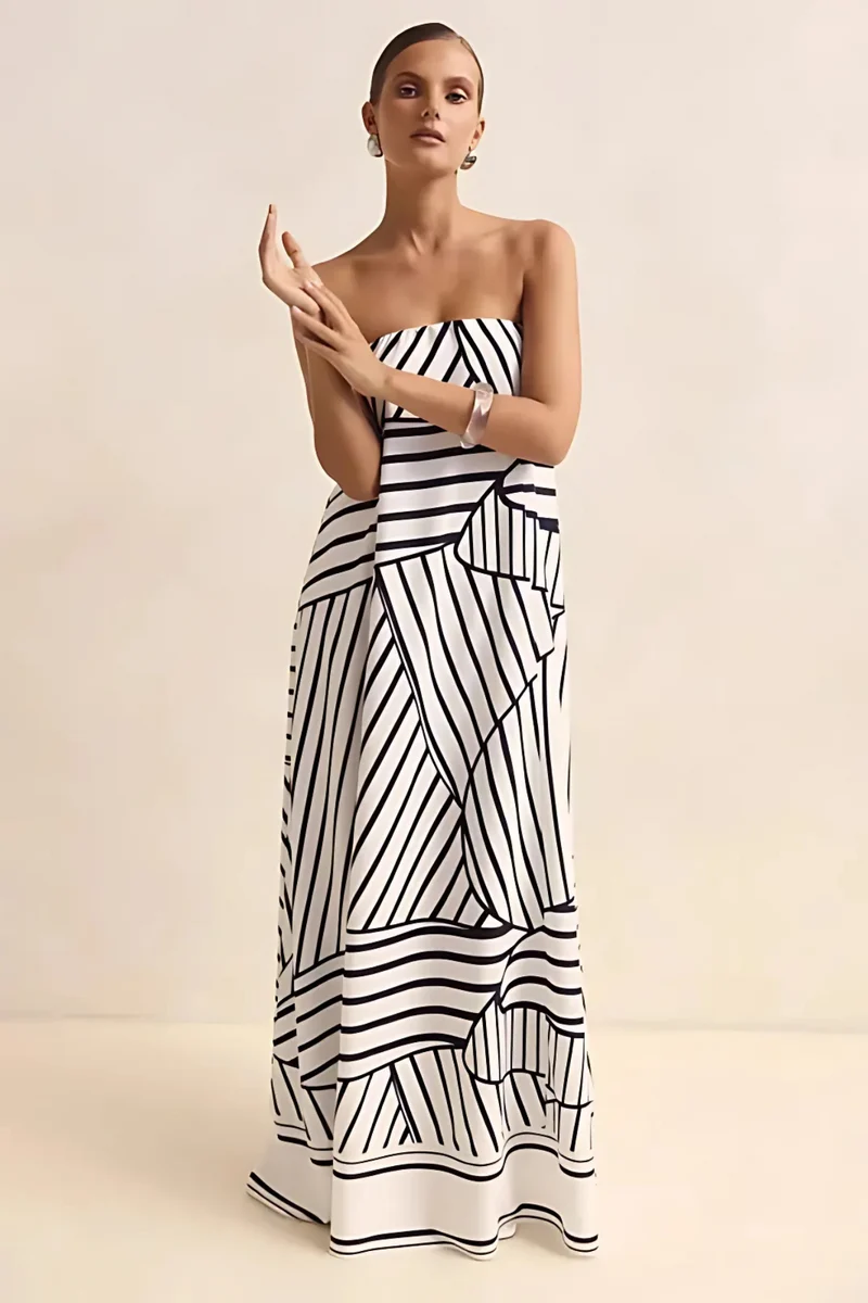 Arya Schulterfreies Maxikleid | Schwarze Streifen