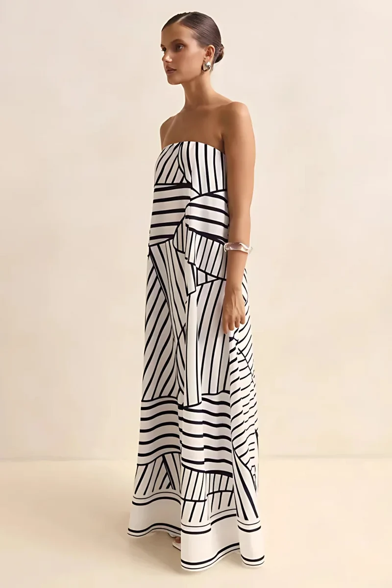 Arya Schulterfreies Maxikleid | Schwarze Streifen