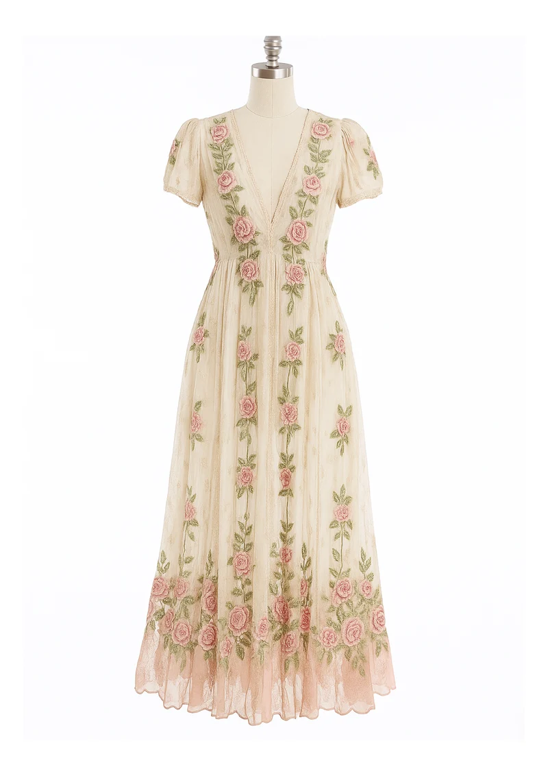 Elowena | Vintage-Leinen-Maxikleid mit floraler Stickerei