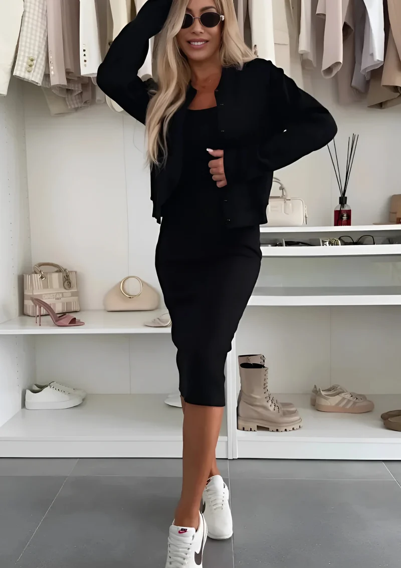 Miru Midi Kleid & Cardigan Set | Schwarz