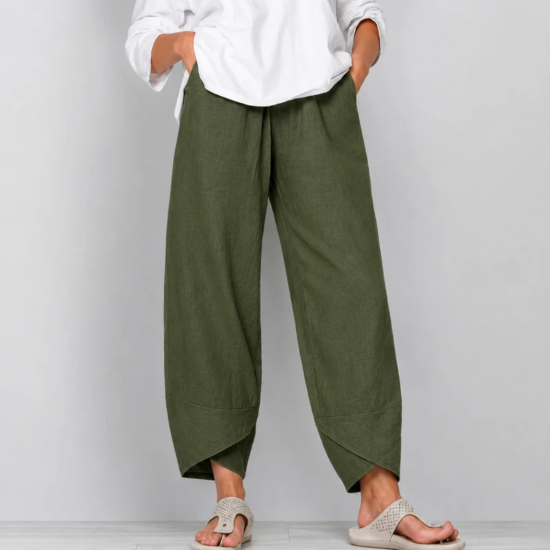 Damen leinen Weite Cropped-Hose mit Geschwungenem Saum