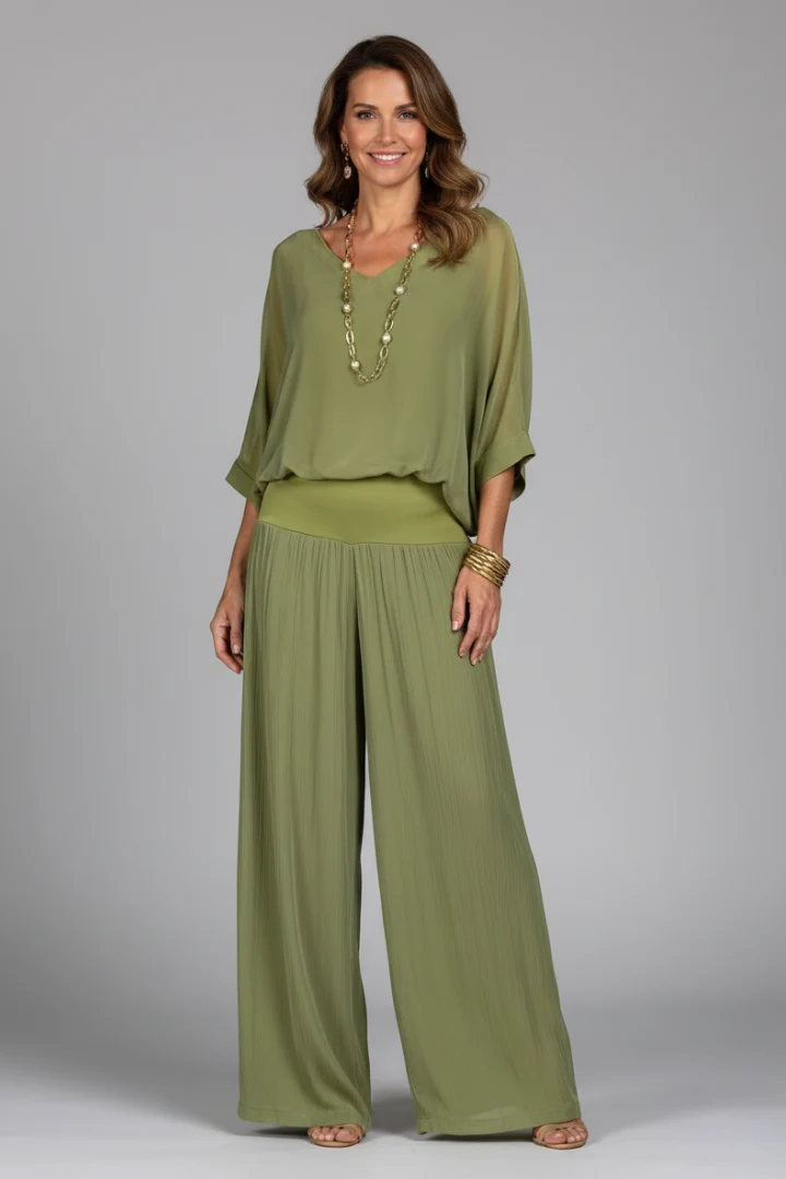 Damen V-Ausschnitt Oberteil und Weite Hose Set