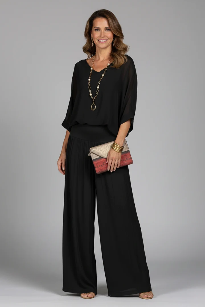 Damen V-Ausschnitt Oberteil und Weite Hose Set