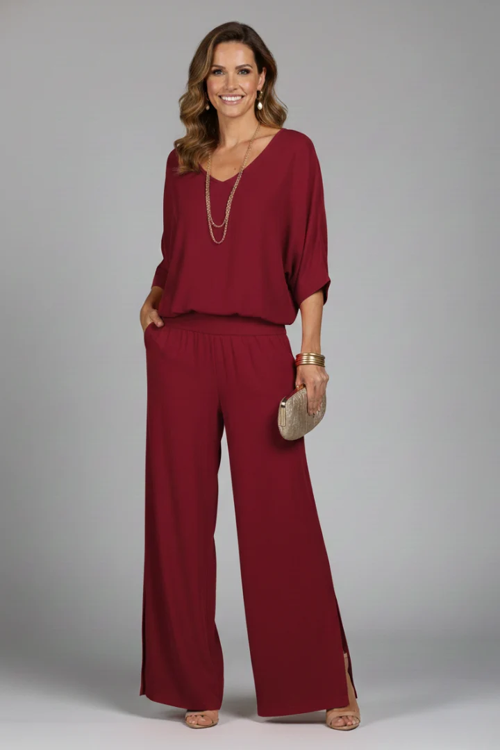 Damen V-Ausschnitt Oberteil und Weite Hose Set