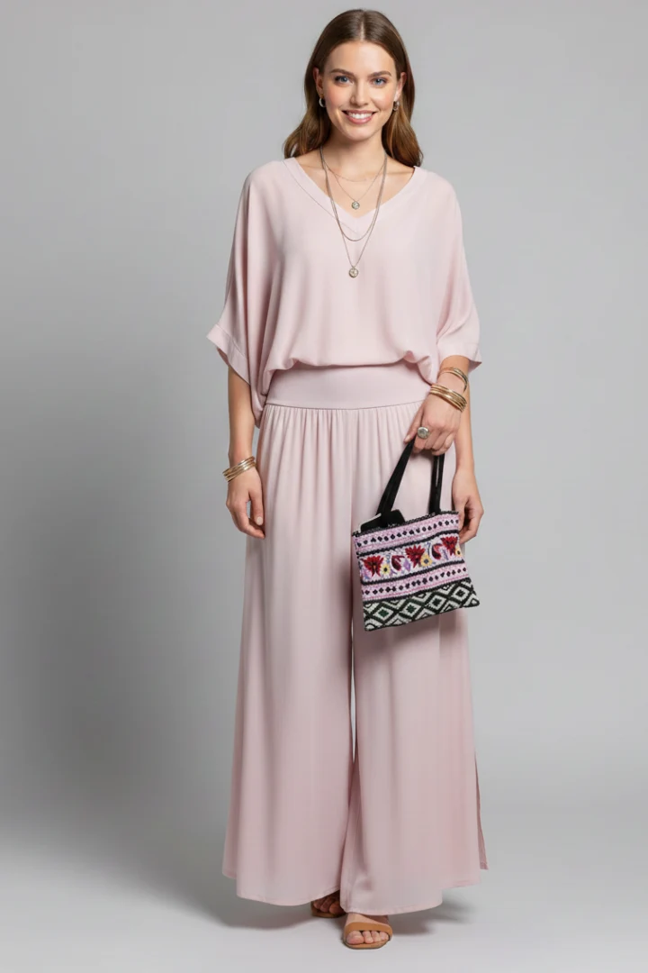 Damen V-Ausschnitt Oberteil und Weite Hose Set
