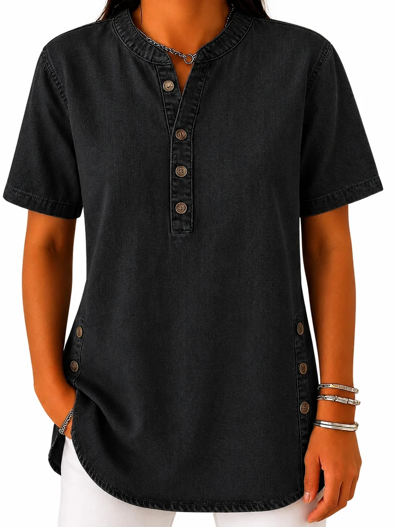 Damen Bluse mit Rundhalsausschnitt und Knopfleiste