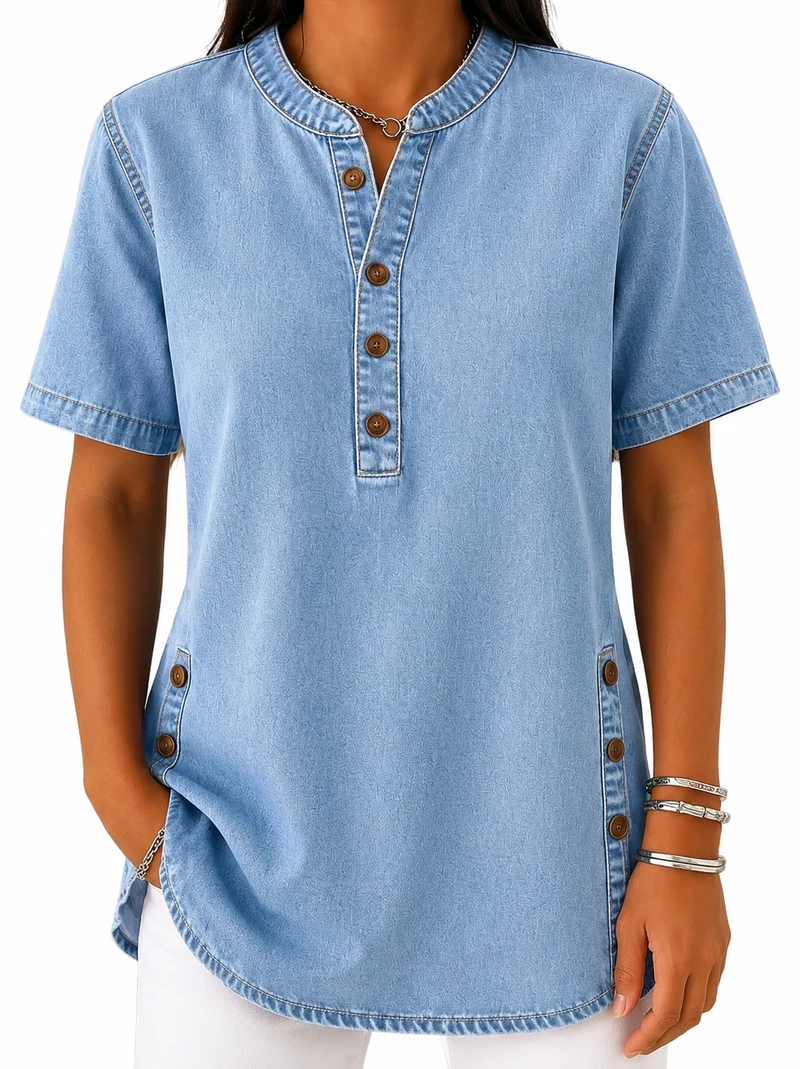 Damen Bluse mit Rundhalsausschnitt und Knopfleiste