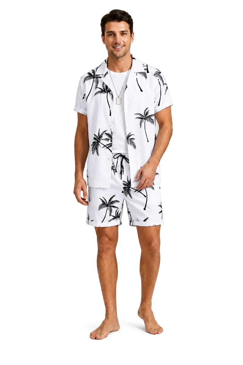 Herren Kurzarmhemd- und Shorts-Set mit Palmenmuster