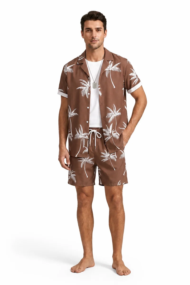 Herren Kurzarmhemd- und Shorts-Set mit Palmenmuster