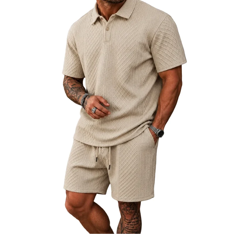 Herren Poloshirt und Shorts Set mit Diagonalem Strukturmuster