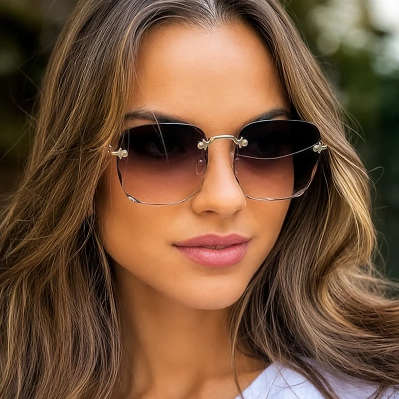 Damen Rechteckige randlose Sonnenbrille mit geraden Bügeln