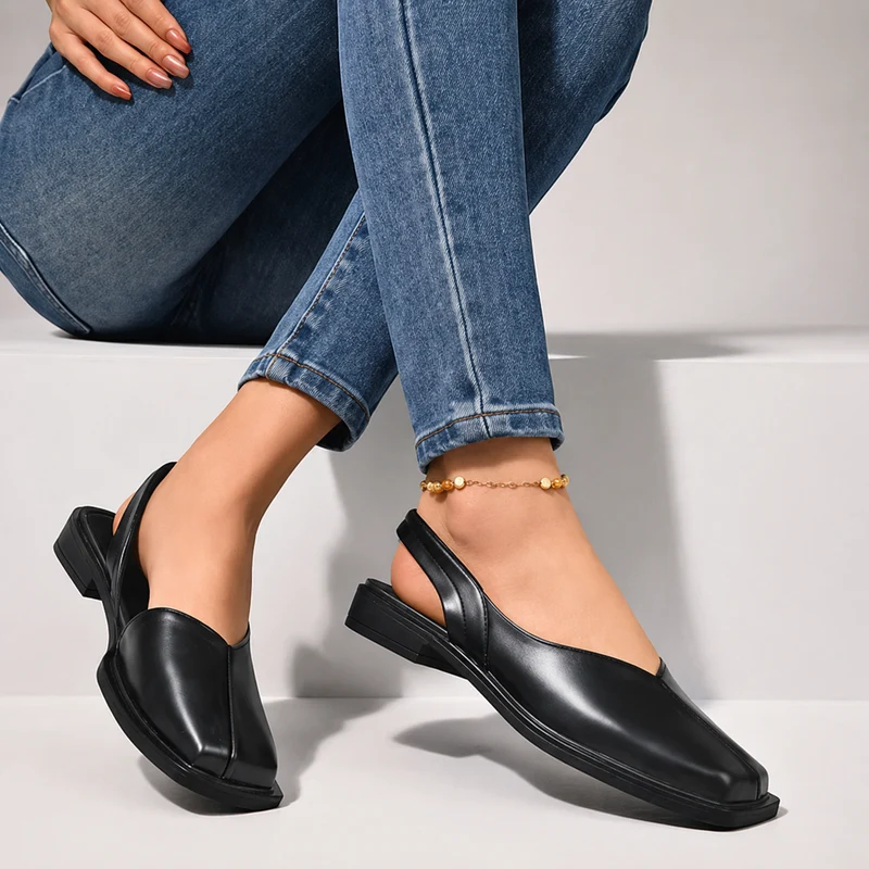 Damen Slingback Flache Schuhe mit Quadratischer Spitze