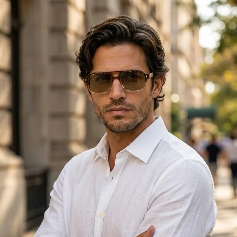 Herren Sonnenbrille mit transparenter eckiger Fassung und gerippten Bügeln