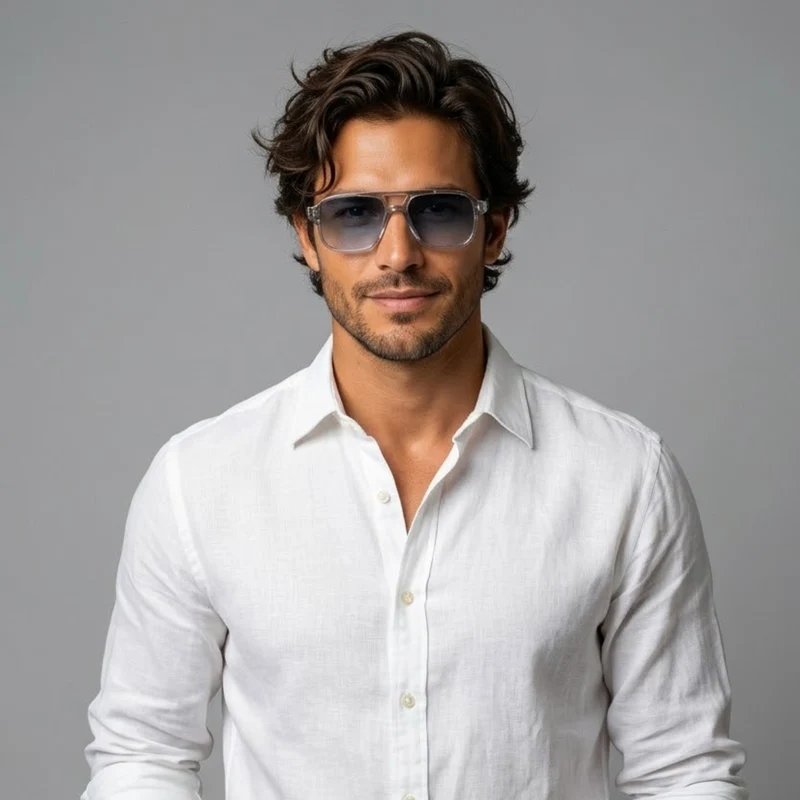 Herren Sonnenbrille mit transparenter eckiger Fassung und gerippten Bügeln