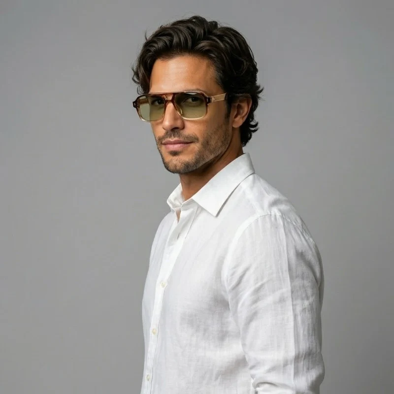 Herren Sonnenbrille mit transparenter eckiger Fassung und gerippten Bügeln