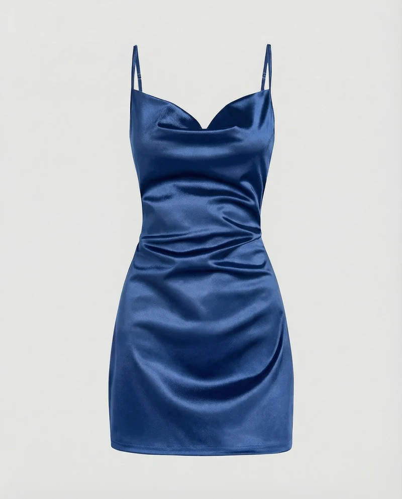 Damen Satin-Minikleid mit Wasserfallausschnitt