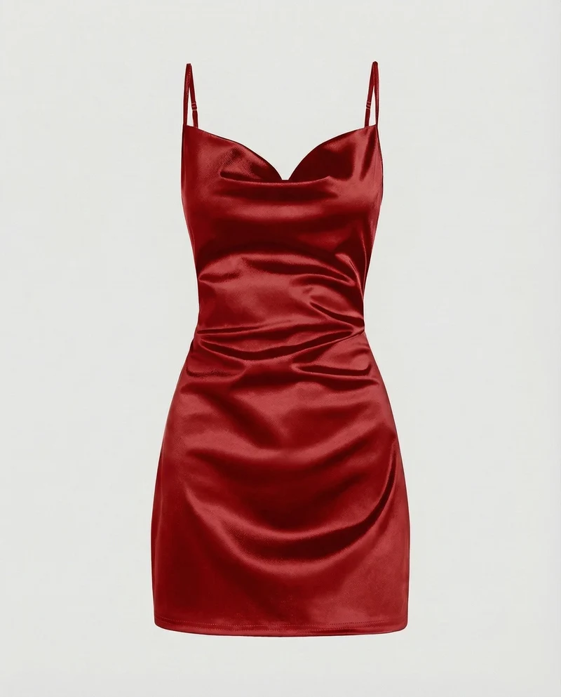 Damen Satin-Minikleid mit Wasserfallausschnitt