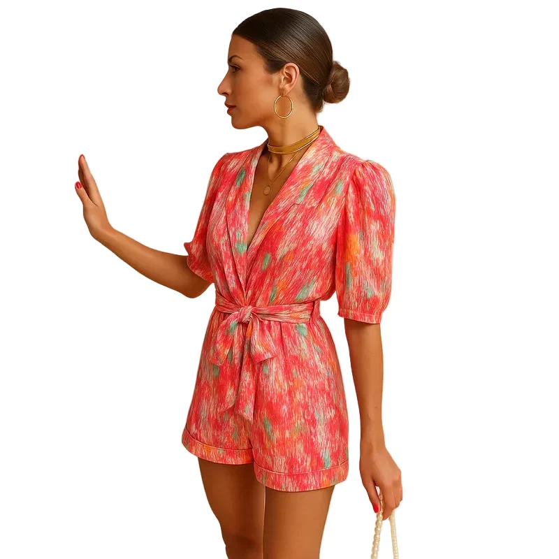 Damen Kurz-Jumpsuit mit Blumenmuster, V-Ausschnitt und Taillengürtel