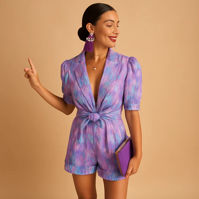 Damen Kurz-Jumpsuit mit Blumenmuster, V-Ausschnitt und Taillengürtel