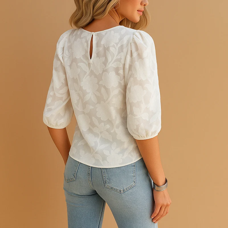Damen-Bluse mit Blumenmuster, Puffärmeln und Rundhalsausschnitt