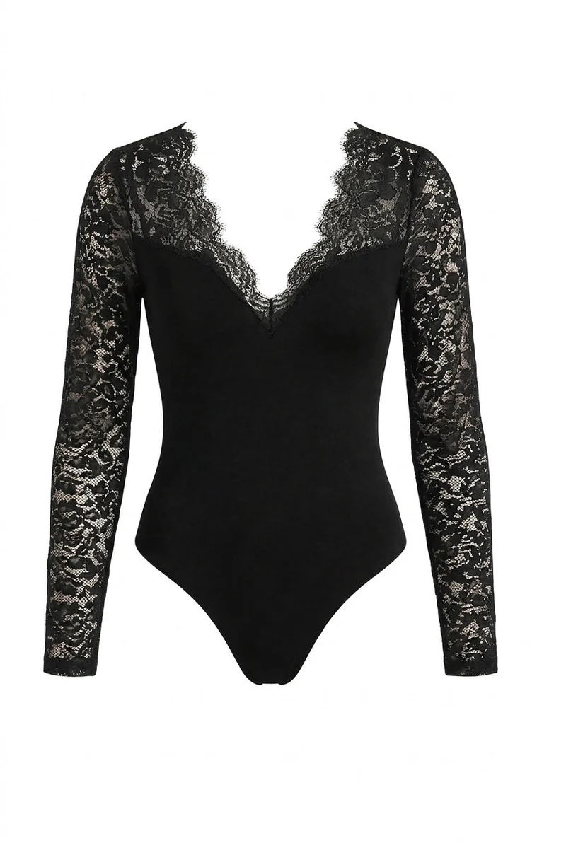 Damen Spitzenärmel Bodybluse mit tiefem Ausschnitt
