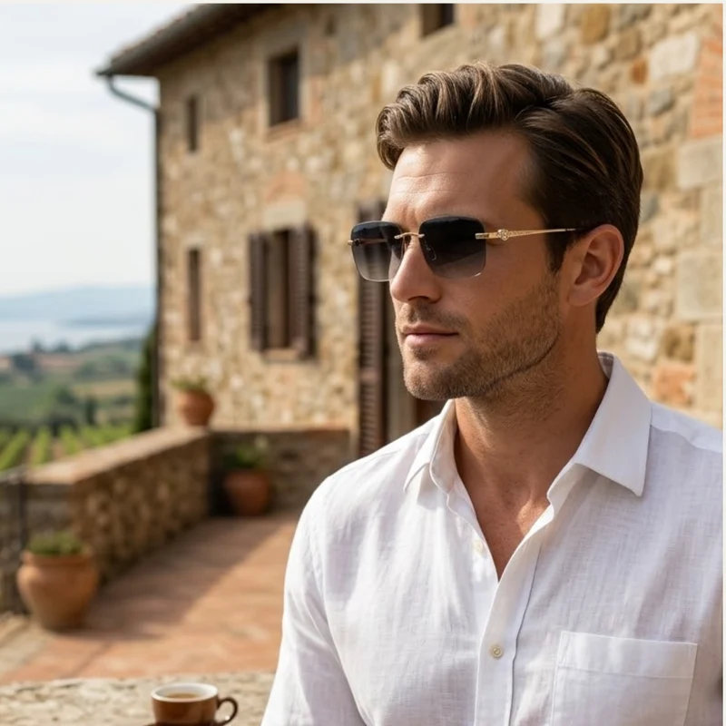 Herren Sonnenbrille mit quadratischen Gläsern und verziertem Bügeldetail
