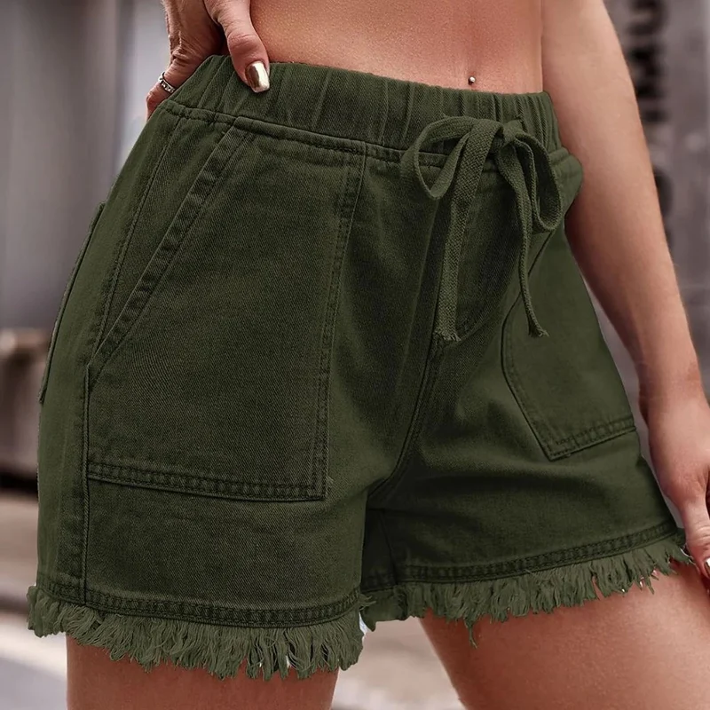 Damen Denim-Shorts mit elastischem Bund, Kordelzug und ausgefranstem Saum