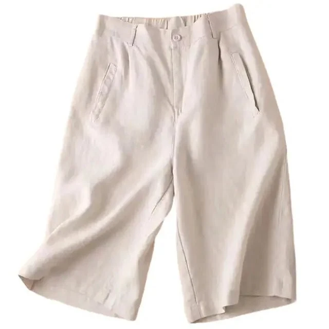 Knielange Damen-Shorts mit Bundfalten aus Leinenmischgewebe