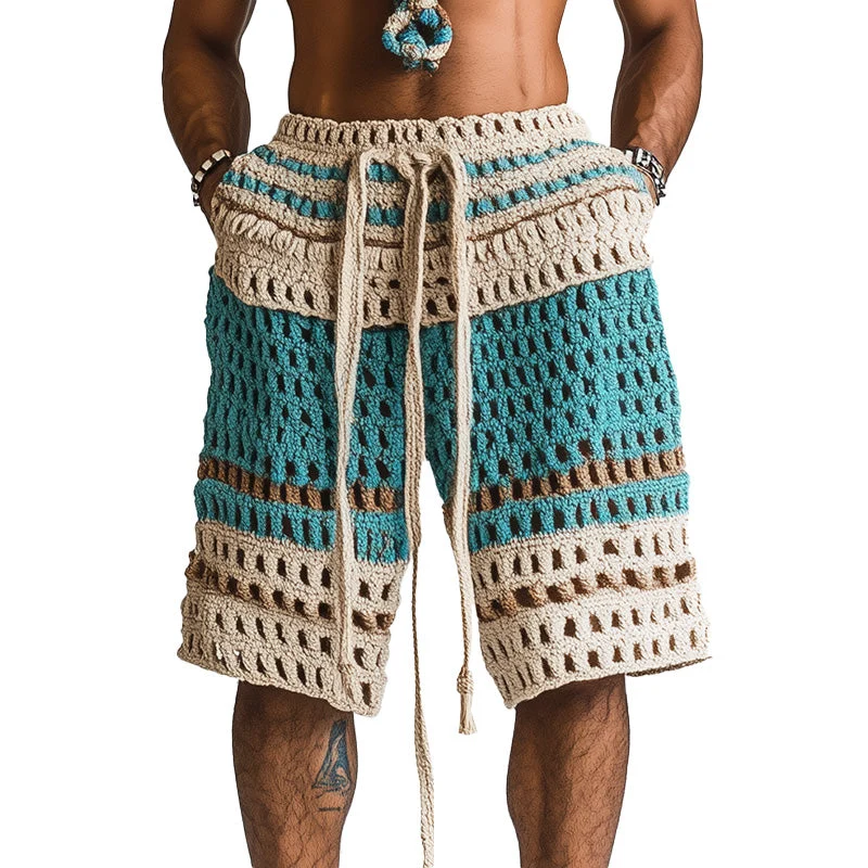Gestreifte Herren-Shorts mit Lochmuster und Kordelzug