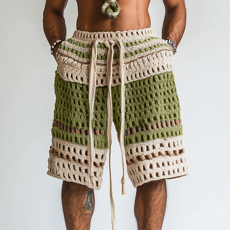 Gestreifte Herren-Shorts mit Lochmuster und Kordelzug