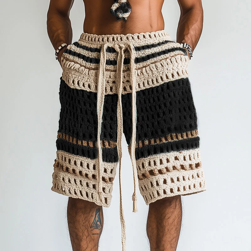 Gestreifte Herren-Shorts mit Lochmuster und Kordelzug