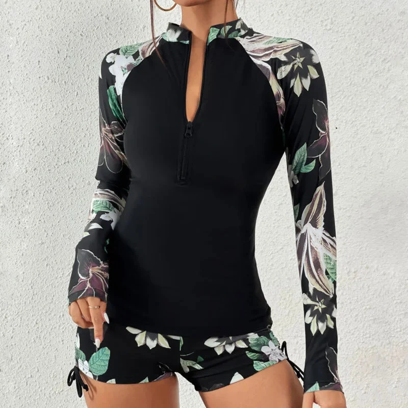 Langärmliger Rashguard-Badeanzug mit Frontreißverschluss und Blumenmuster für Damen