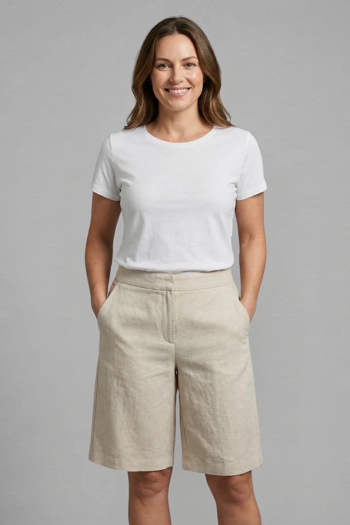 Damen-Shorts mit hoher Taille, knielang mit schrägen Taschen