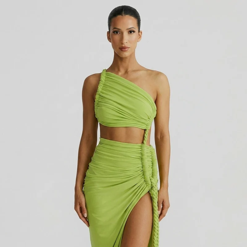 Damen-Maxikleid mit asymmetrischer Ein-Schulter-Form und Raffungen
