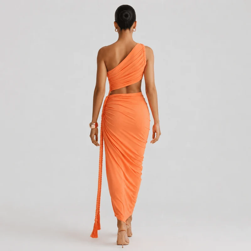 Damen-Maxikleid mit asymmetrischer Ein-Schulter-Form und Raffungen