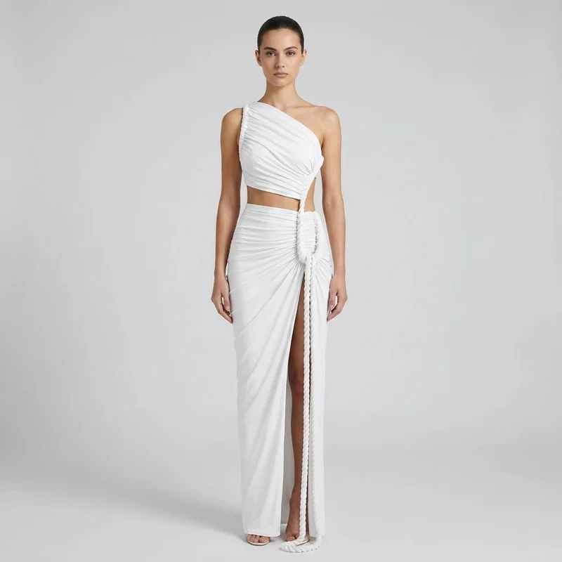 Damen-Maxikleid mit asymmetrischer Ein-Schulter-Form und Raffungen