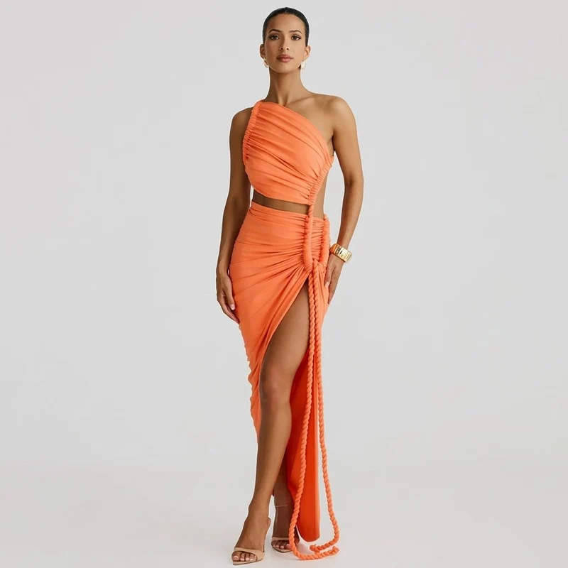 Damen-Maxikleid mit asymmetrischer Ein-Schulter-Form und Raffungen