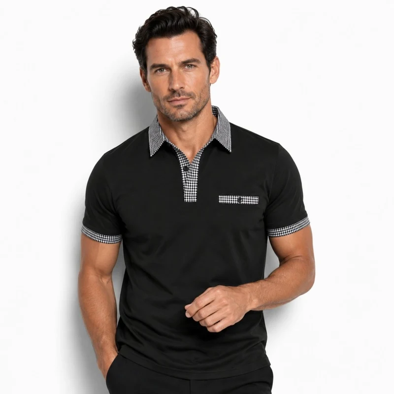 Herren-Kurzarm-Poloshirt mit gemustertem Besatz