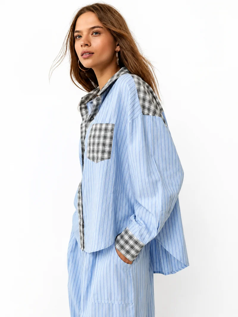 Damen Schlafanzug-Set mit Knopfhemd und elastischer Bundhose