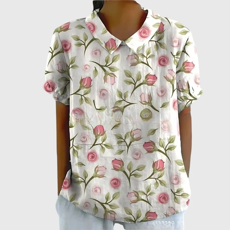 Kurzärmelige Damenbluse mit Blumenmuster und Bubikragen